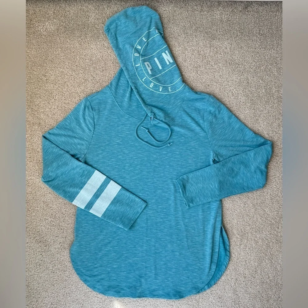 PINK Victoria’s Secret Hoodie Tunic Pastel Blue & White Lightweight Medium - Picture 2 of 9